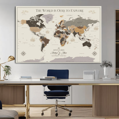 90024882-MGV-CV-36X24-The World is Ours to Explore Wall Art – Earth Tone World Map Canvas Print, Adventure Travel Decor for Living Room, Office or