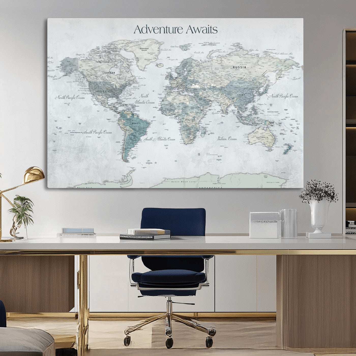 TEST111-MGV-CV-36X24-Personalized Adventure Awaits Push Pin World Map – Custom Framed Travel Tracker Canvas Wall Art for Home, Office