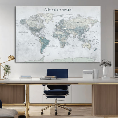 TEST111-MGV-CV-36X24-Personalized Adventure Awaits Push Pin World Map – Custom Framed Travel Tracker Canvas Wall Art for Home, Office