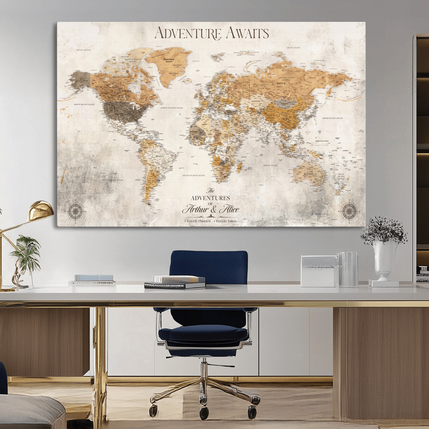 99422096-MGV-CV-36X24-Adventure Awaits World Map Wall Art – Neutral Beige Canvas Print, Modern Travel Inspired Wall Decor for Living Room, Bedroom or