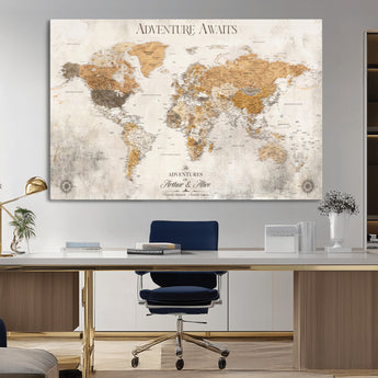 99422096-MGV-CV-36X24-Adventure Awaits World Map Wall Art – Neutral Beige Canvas Print, Modern Travel Inspired Wall Decor for Living Room, Bedroom or
