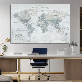 94249974-MGV-CV-36X24-Ours Explore World Map Wall Art – Modern Travel Canvas Print, Neutral Adventure Decor for Living Room, Office, Study, Bedroom,