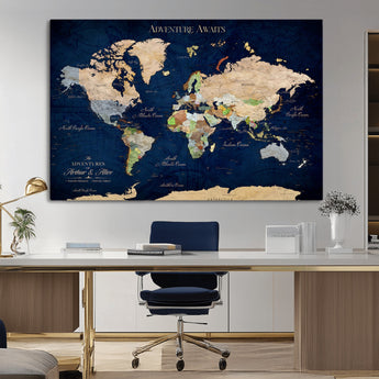 43160428-MGV-CV-36X24-Adventure Awaits Navy Blue World Map – Vibrant Travel Canvas Wall Art, Antique Atlas Print, Wanderlust Decor for Home Office