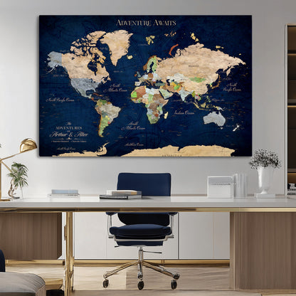 43160428-MGV-CV-36X24-Adventure Awaits Navy Blue World Map – Vibrant Travel Canvas Wall Art, Antique Atlas Print, Wanderlust Decor for Home Office