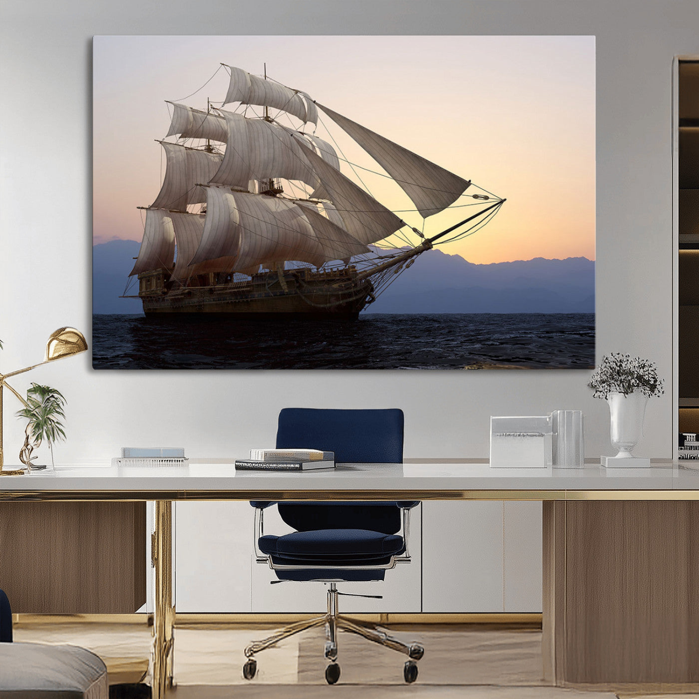 31270610-MGV-CV-36X24-Sailing Ship Wall Art – Sunset Seascape Canvas Print with Tall Ship at Sea, Nautical Ocean Decor for Living Room, Office, or