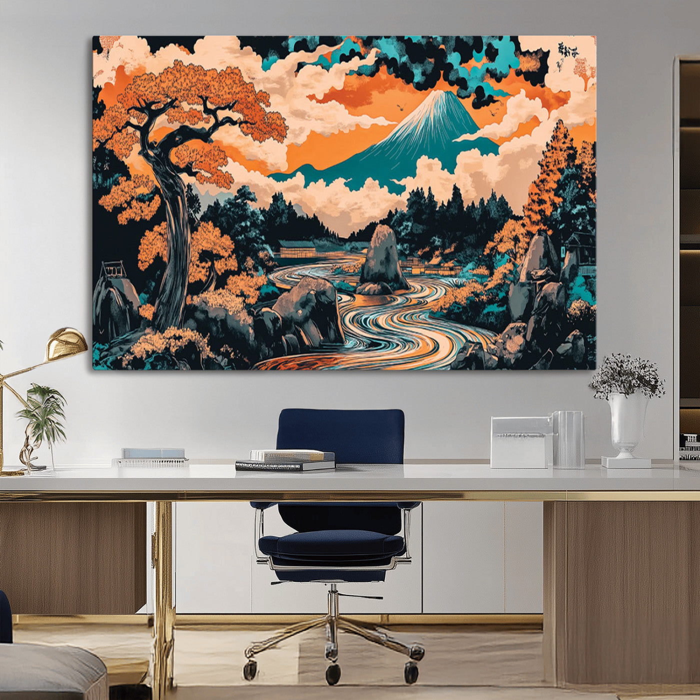 21638941-MGV-CV-36X24-Japanese Landscape Wall Art – Mount Fuji and Flowing River Ukiyo-e Style Canvas Print, Traditional Japan Inspired Artwork for