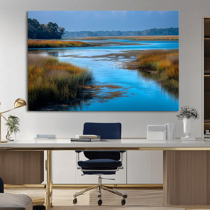 26300004-MGV-CV-36X24-Tranquil Marshland Canvas Wall Art – Blue Water, Reflective Sky, Golden Grasses, Calm Nature Landscape, Scenic Outdoor Beauty for