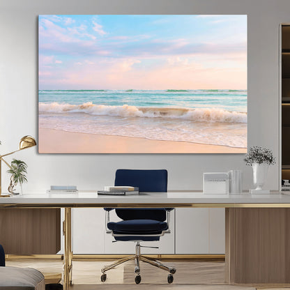 88024944-MGV-CV-36X24-Beach Landscape Wall Art – Coastal Ocean Canvas Print with Gentle Waves and Pastel Sky, Serene Seascape Photography for Living