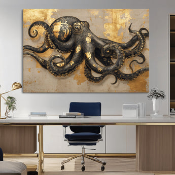57944271-MGV-CV-36X24-Octopus Wall Art – Black and Gold Nautical Canvas Print, Modern Ocean Inspired Artwork with Elegant Detailing, Coastal Marine