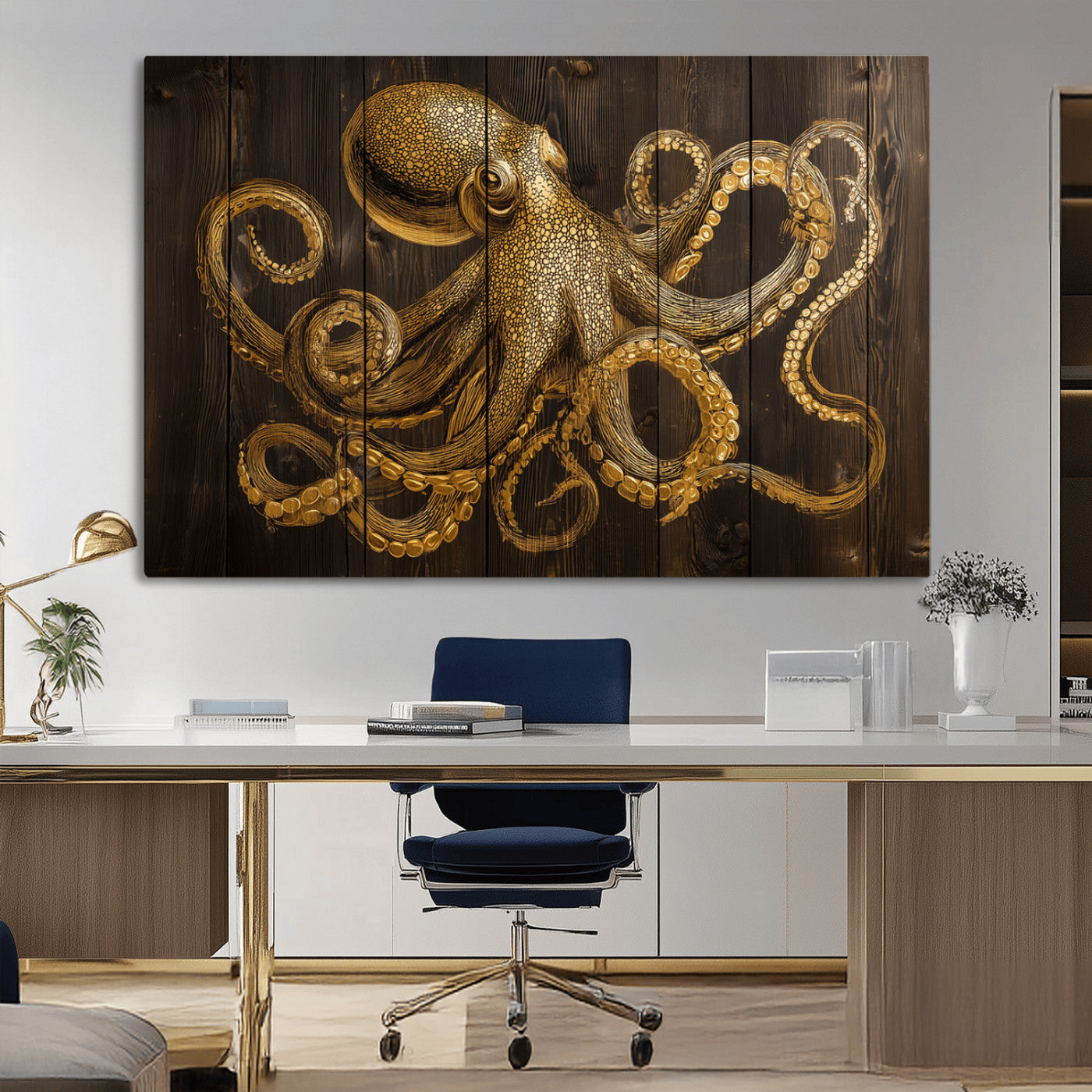 56769669-MGV-CV-36X24-Octopus Wall Art – Gold Nautical Canvas Print with Rustic Wood Panel Design, Detailed Marine Artwork for Coastal Ocean Decoration