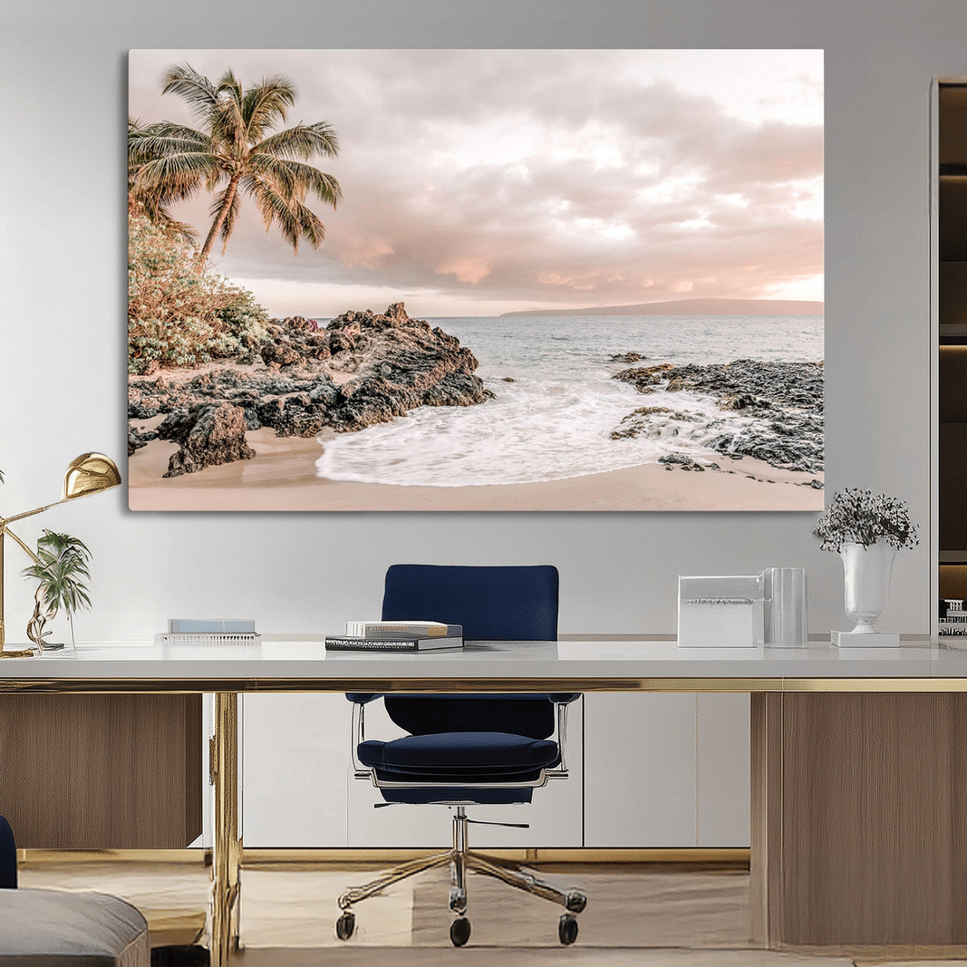 18005328-MGV-CV-36X24-Tropical Beach Wall Art – Coastal Ocean Canvas Print with Palm Tree, Sunset Sky and Rocky Shore, Serene Seascape Photography for