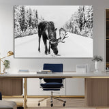 38956835-MGV-CV-36X24-Moose Wall Art – Black and White Wildlife Canvas Print with Snowy Forest Road, Rustic Nature Photography for Cabin, Lodge, Living