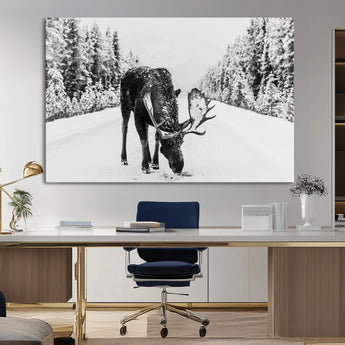 38956835-MGV-CV-36X24-Moose Wall Art – Black and White Wildlife Canvas Print with Snowy Forest Road, Rustic Nature Photography for Cabin, Lodge, Living