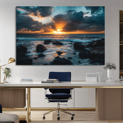 66040852-MGV-CV-36X24-Ocean Sunset Canvas Wall Art – Rocky Shore Waves, Dramatic Clouds, Golden Sun Rays, Coastal Nature, Serene Water Reflection for