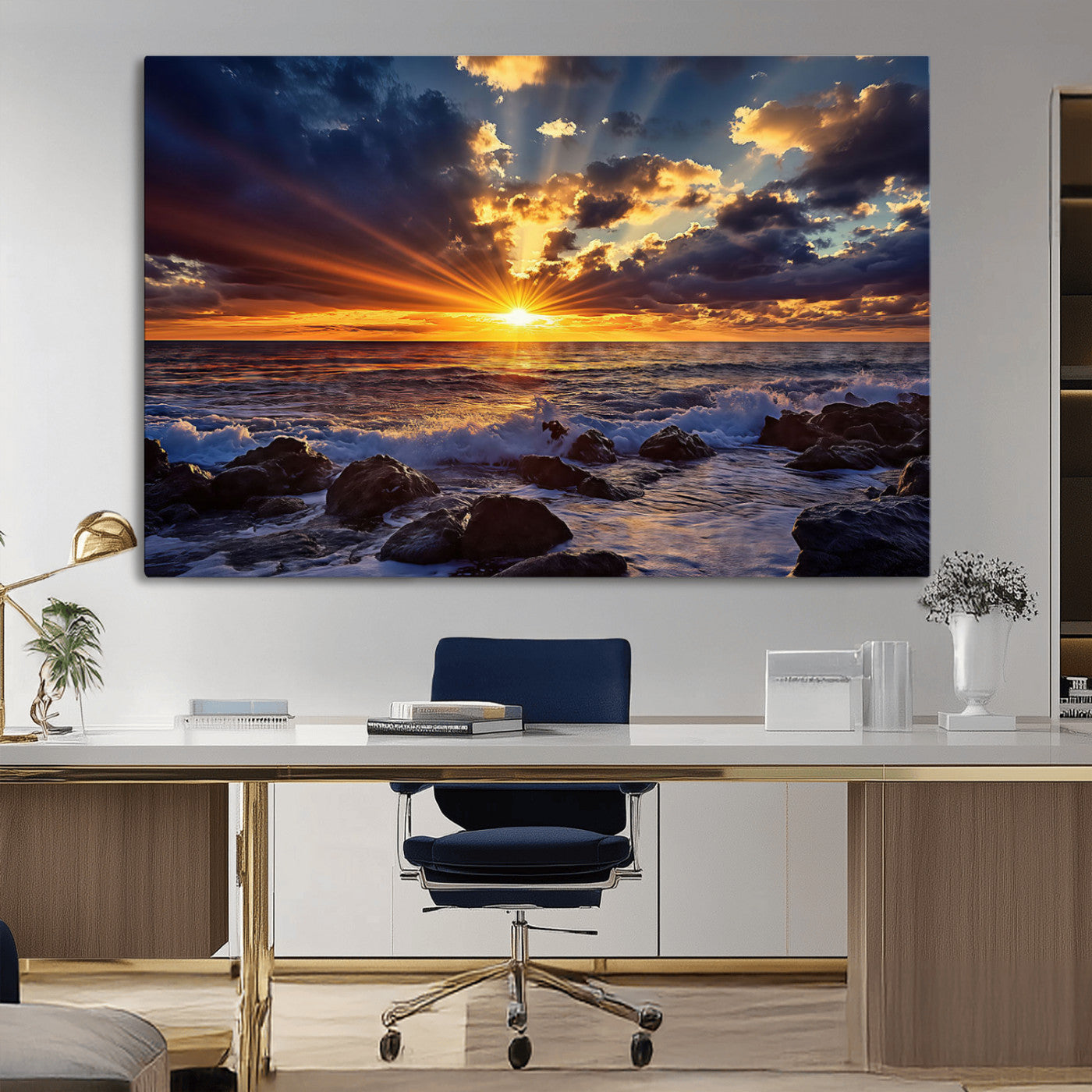 35900590-MGV-CV-36X24-Sunset Ocean Waves Canvas Wall Art – Rocky Shore, Dramatic Sky, Golden Sun Rays, Coastal Beauty, Serene Water Motion for Living