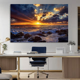 35900590-MGV-CV-36X24-Sunset Ocean Waves Canvas Wall Art – Rocky Shore, Dramatic Sky, Golden Sun Rays, Coastal Beauty, Serene Water Motion for Living