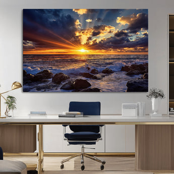 35900590-MGV-CV-36X24-Ocean Sunset Wall Art – Vivid Seascape Canvas Print with Sunburst Sky, Crashing Waves and Rocky Shore, Dramatic Coastal