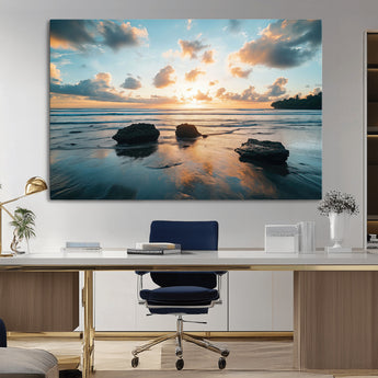 23879436-MGV-CV-36X24-Rocky Ocean Sunset Canvas Wall Art – Seaside Dramatic Seascape, Ocean Sunset Art Print for Coastal Modern Decor for Nature