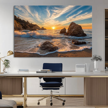 85659923-MGV-CV-36X24-Rocky Ocean Sunset Canvas Wall Art – Seaside Dramatic Seascape Print, Coastal Modern Decor, Ocean Sunset Art for Living Room or