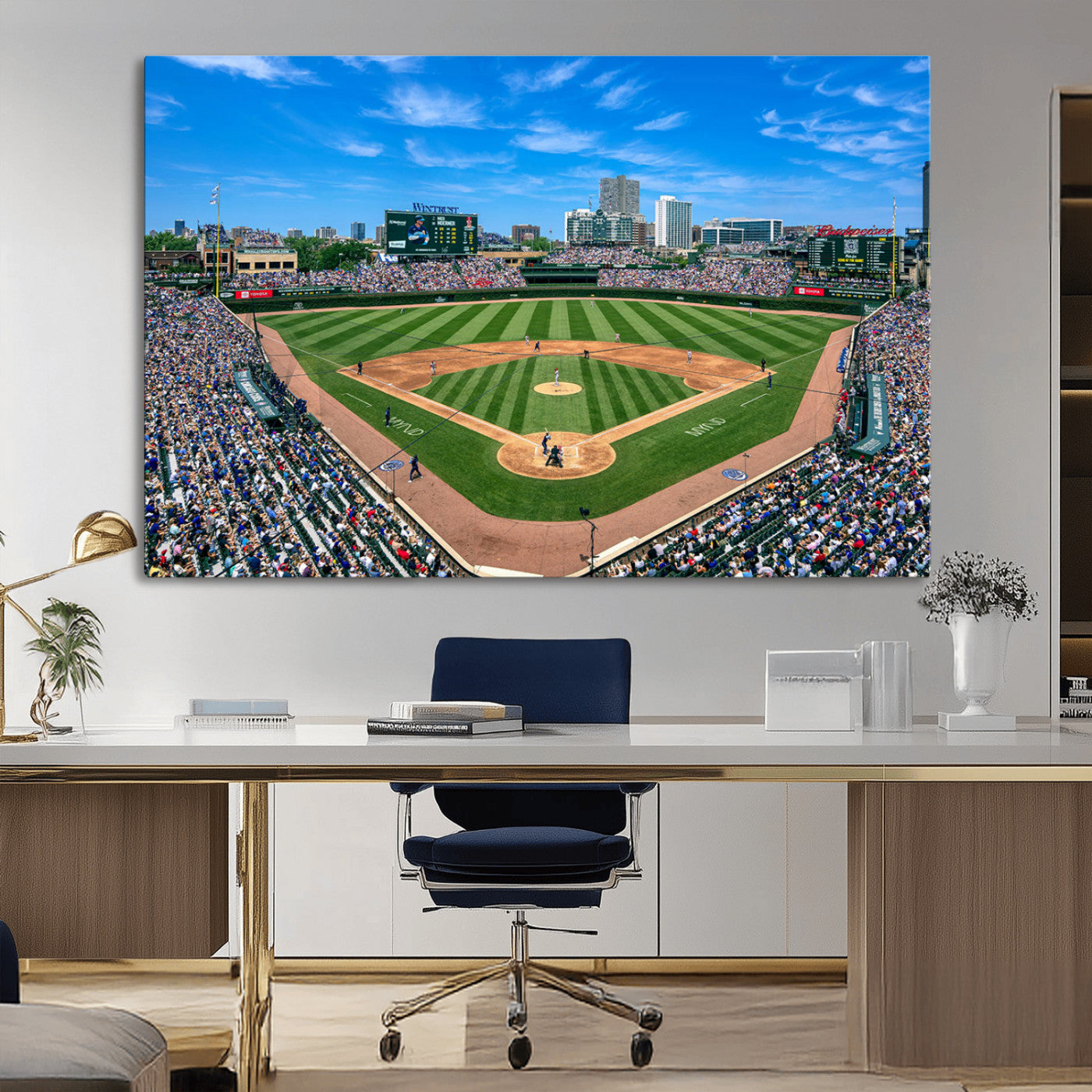 56213978-MGV-CV-36X24-Wrigley Field Baseball Stadium Canvas Wall Art – Packed Crowd Sports Stadium Print, City Skyline Baseball Field Canvas for Game