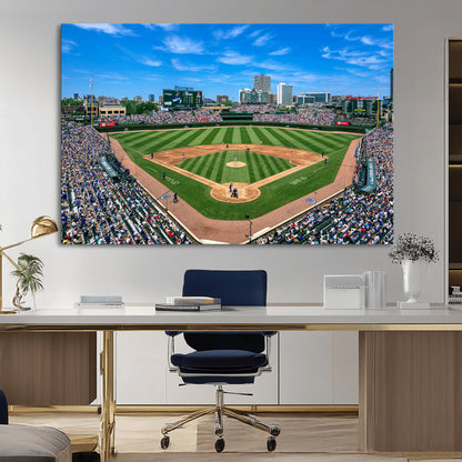 56213978-MGV-CV-36X24-Baseball Stadium Wall Art – Panoramic Ballpark Canvas Print with Fans, Green Field and City Skyline, Classic Sports Photography
