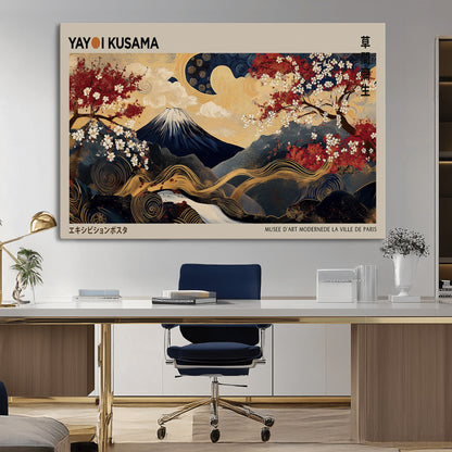 66892669-MGV-CV-36X24-Yayoi Kusama Japanese Inspired Canvas Print – Mt. Fuji & Floral Scene Wall Art, Framed Asian Style Canvas for Home, Office or