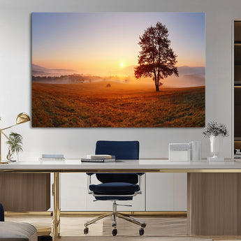 57919623-MGV-CV-36X24-Golden Sunrise Landscape Canvas Wall Art - Framed Misty Field Print, Large Nature Canvas for Living Room, Office, or Home Decor