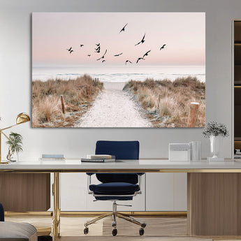 34632598-MGV-CV-36X24-Coastal Pathway Canvas Wall Art – Framed Seaside Landscape, Large Beach and Birds Canvas Print for Home, Office, or Living Room