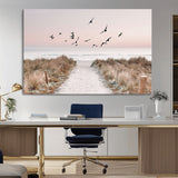 34632598-MGV-CV-36X24-Beach Pathway Wall Art – Coastal Canvas Print with Sandy Trail, Flying Birds and Pastel Sky, Serene Ocean Landscape Photography
