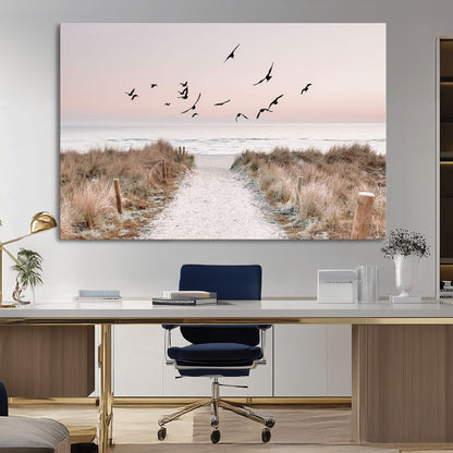 34632598-MGV-CV-36X24-Beach Pathway Wall Art – Coastal Canvas Print with Sandy Trail, Flying Birds and Pastel Sky, Serene Ocean Landscape Photography