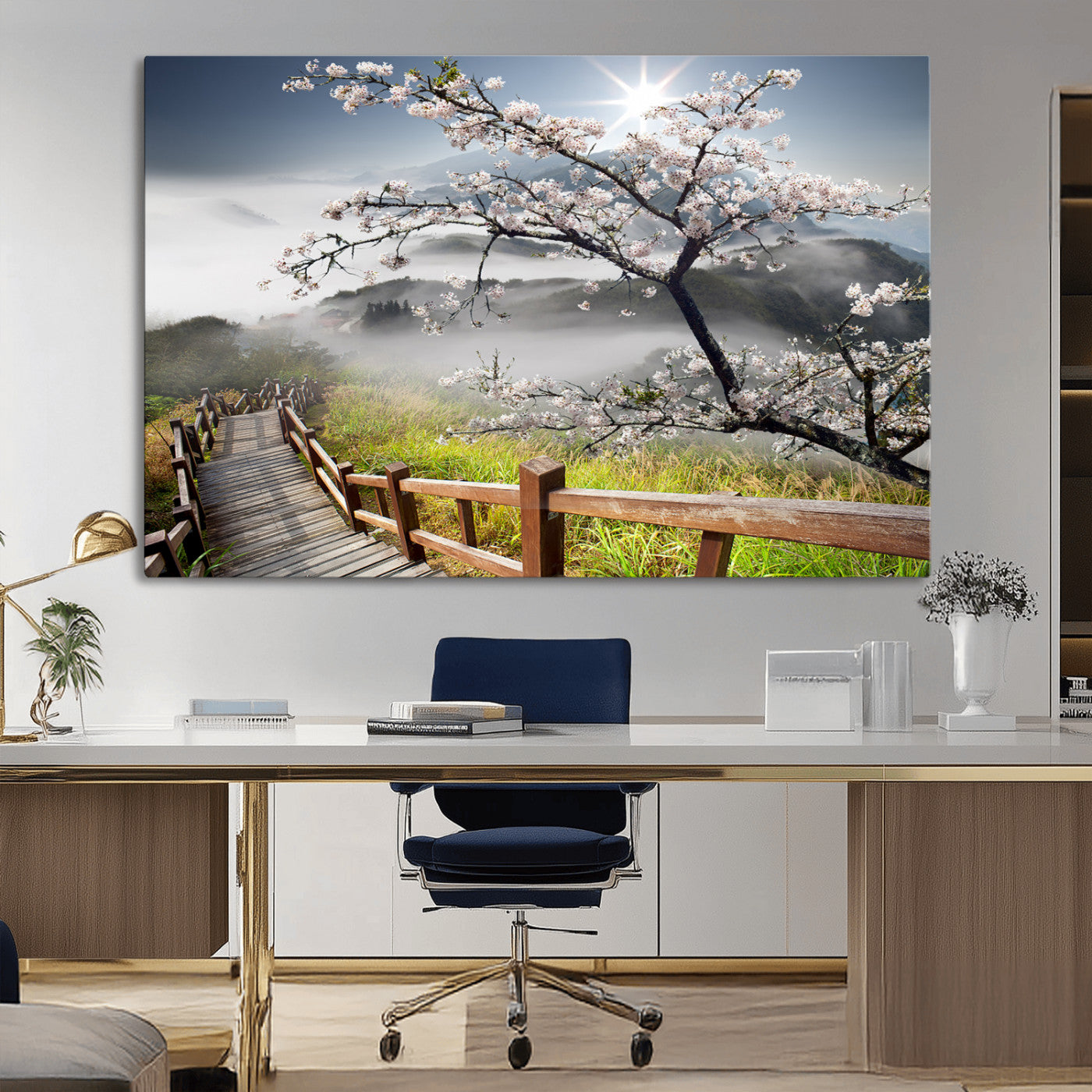 34632598CRY-MGV-CV-36X24-Cherry Blossom Wall Art – Scenic Asian Landscape Canvas Print with Wooden Walkway, Misty Mountains and Sunrise, Serene Nature