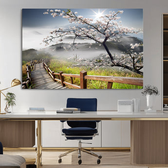 34632598CRY-MGV-CV-36X24-Cherry Blossom Wall Art – Scenic Asian Landscape Canvas Print with Wooden Walkway, Misty Mountains and Sunrise, Serene Nature