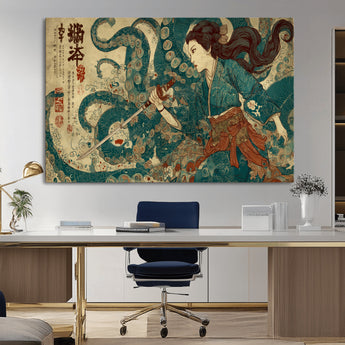 46837670-MGV-CV-36X24-Tsukioka Yoshitoshi Samurai Wall Art Print, Japanese Katana Warrior Canvas Wall Art, Octopus Sea Monster Canvas Print,