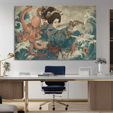 52037775-MGV-CV-36X24-Samurai Woman Wall Art – Japanese Ukiyo e Style Canvas Print with Katana, Ocean Waves and Octopus, Traditional Asian Inspired