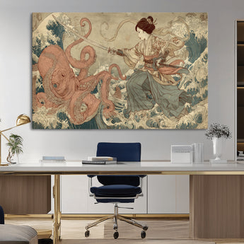 54879547-MGV-CV-36X24-Tsukioka Yoshitoshi Samurai Wall Art Print, Japanese Katana Warrior Canvas Wall Art, Octopus Sea Monster Canvas Print,