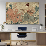54879547-MGV-CV-36X24-Tsukioka Yoshitoshi Samurai Wall Art Print, Japanese Katana Warrior Canvas Wall Art, Octopus Sea Monster Canvas Print,