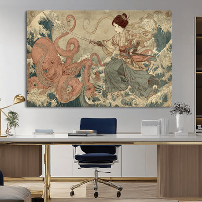 54879547-MGV-CV-36X24-Samurai Woman Wall Art – Japanese Ukiyo-e Style Canvas Print with Katana and Octopus, Traditional Asian Inspired Battle Artwork