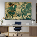 24416422-MGV-CV-36X24-Tsukioka Yoshitoshi Samurai Wall Art Print, Japanese Katana Warrior Canvas Wall Art, Octopus Sea Monster Canvas Print,