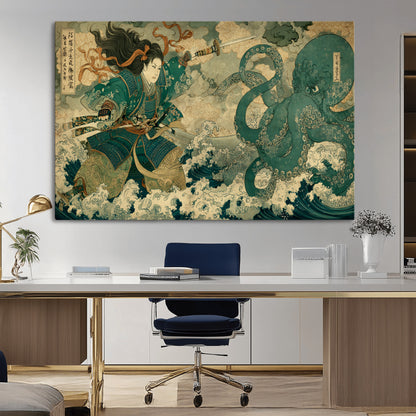 24416422-MGV-CV-36X24-Tsukioka Yoshitoshi Samurai Wall Art Print, Japanese Katana Warrior Canvas Wall Art, Octopus Sea Monster Canvas Print,