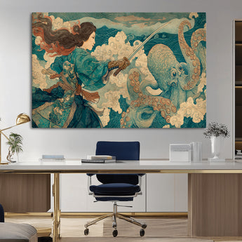 37943964-MGV-CV-36X24-Samurai Warrior vs Octopus Wall Art – Japanese Ukiyo-e Style Canvas Print, Ocean Battle Scene Artwork for Living Room, Office, Man