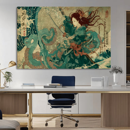 86918027-MGV-CV-36X24-Samurai Warrior vs Octopus Wall Art – Japanese Ukiyo-e Ocean Battle Canvas Print, Traditional Samurai Artwork for Living Room,