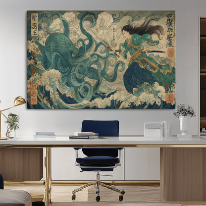 60346622-MGV-CV-36X24-Tsukioka Yoshitoshi Samurai Wall Art Print, Japanese Katana Warrior Canvas Wall Art, Octopus Sea Monster Canvas Print,