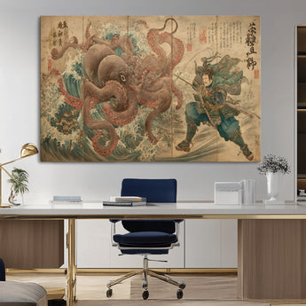 63782167-MGV-CV-36X24-Tsukioka Yoshitoshi Samurai Wall Art Print, Japanese Katana Warrior Canvas Wall Art, Octopus Sea Monster Canvas Print,