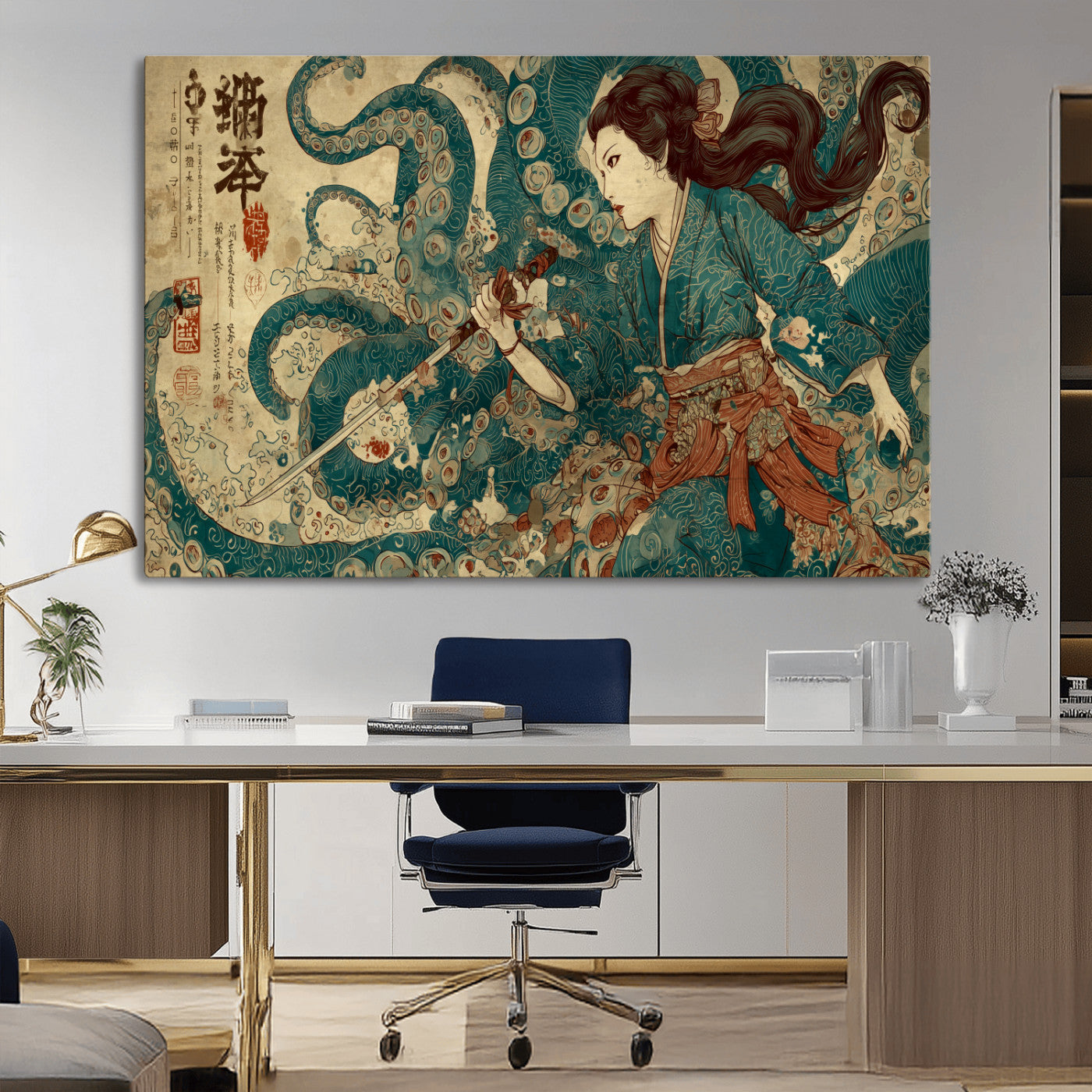 18575670-MGV-CV-36X24-Samurai Woman vs Octopus Wall Art – Japanese Ukiyo-e Ocean Battle Canvas Print, Traditional Warrior Artwork for Living Room,