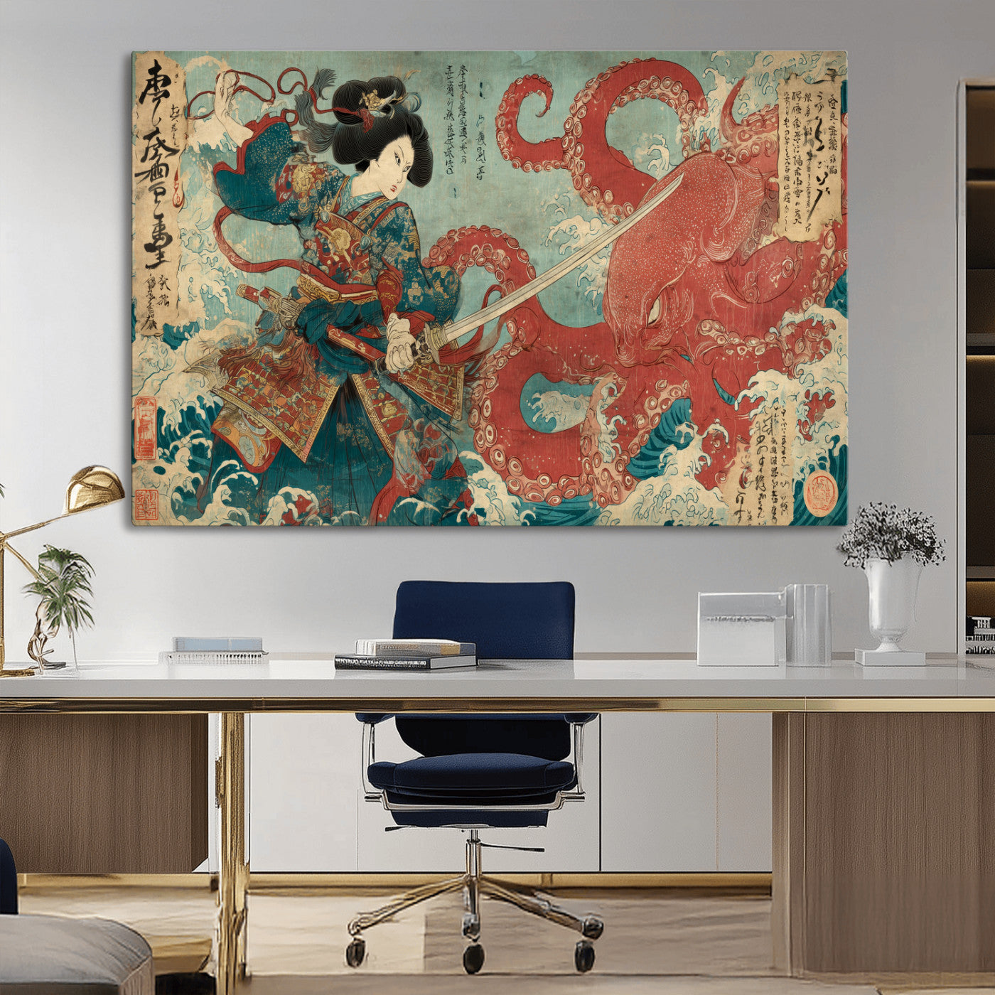 68844327-MGV-CV-36X24-Tsukioka Yoshitoshi Samurai Wall Art Print, Japanese Katana Warrior Canvas Wall Art, Octopus Sea Monster Canvas Print,