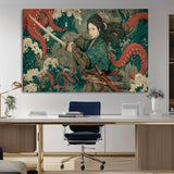 35461724-MGV-CV-36X24-Samurai Woman vs Octopus Wall Art – Japanese Ukiyo-e Ocean Waves Canvas Print, Red Tentacle Battle Artwork for Living Room,
