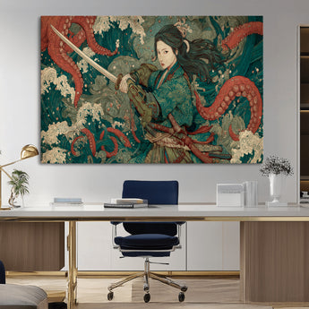 35461724-MGV-CV-36X24-Samurai Woman vs Octopus Wall Art – Japanese Ukiyo-e Ocean Waves Canvas Print, Red Tentacle Battle Artwork for Living Room,