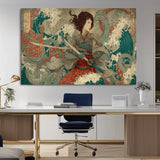 63377977-MGV-CV-36X24-Tsukioka Yoshitoshi Samurai Wall Art Print, Japanese Katana Warrior Canvas Wall Art, Octopus Sea Monster Canvas Print,