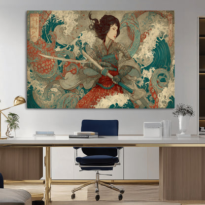 37797255-MGV-CV-36X24-Samurai Woman vs Octopus Wall Art – Japanese Ukiyo-e Red Armor Ocean Battle Canvas Print, Warrior Artwork for Living Room, Office,
