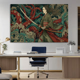 18902796-MGV-CV-36X24-Samurai Woman vs Octopus Wall Art – Japanese Ukiyo-e Green Kimono Canvas Print, Ocean Battle Scene Artwork for Living Room,